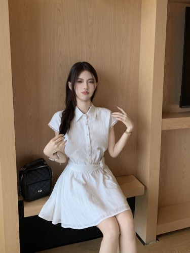 Real shot~ College style design waist slimming strap shirt dress female first love white short skirt summer