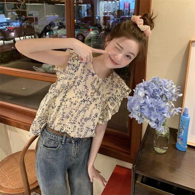 法式碎花短袖襯衫女夏葉邊娃娃衫襯衣短款小飛袖上衣