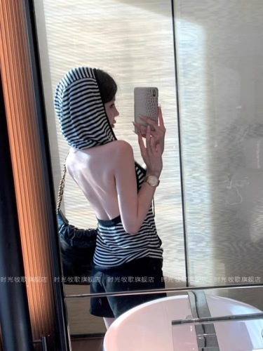 Hestia Black and White Striped Hooded Backless Halter Vest Women's Summer Niche Design Slim Fit Top