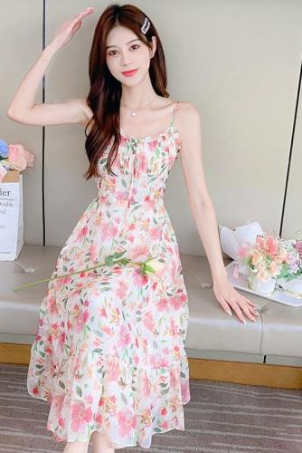 Pink suspender floral dress women's summer seaside vacation exquisite skirt