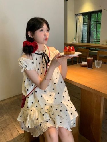 Real shot~Korean style summer girl's off-shoulder halterneck polka-dot fluffy doll dress~