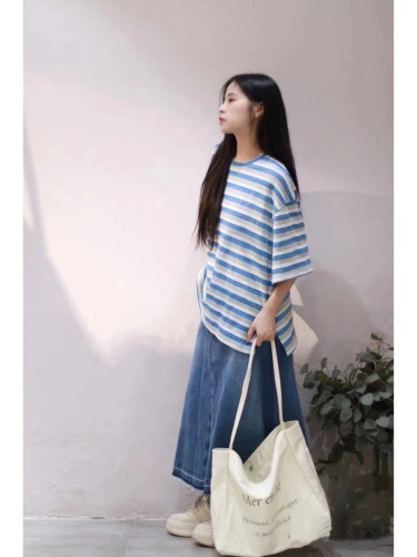 Loose bamboo cotton summery contrast striped short-sleeved T-shirt