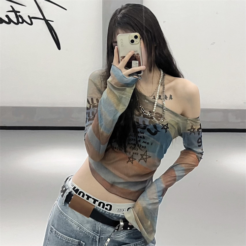 Mesh digital sweet hottie sexy long-sleeved T-shirt women's summer new slim fit trendy navel-baring outer top