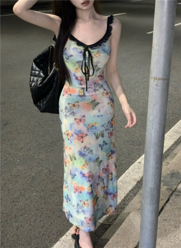 Real shot of butterfly print suspender dress for women in summer, slim-fitting lace-up long skirt, waist-hugging hip skirt