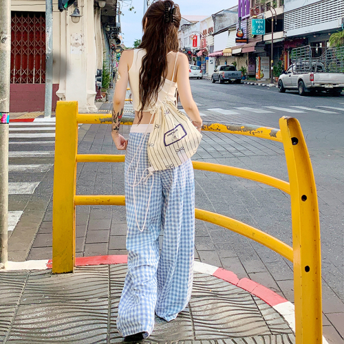 Sweet Girl | Contrast Color Plaid Walking Pants Elastic Waist Straight Leg Wide Leg Casual Pants