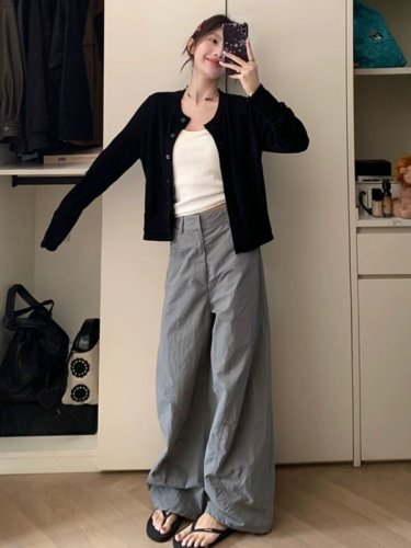 American gray low-waisted casual straight pants for women in summer thin loose design versatile slim floor-length wide-leg pants