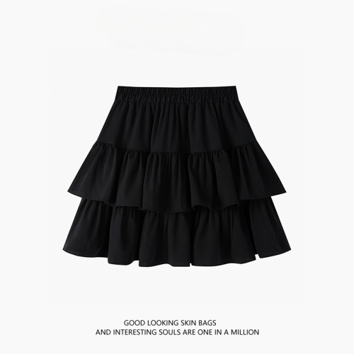 Black skirt women's summer super hot pear-shaped figure high-waisted A-line cake skirt petite puffy short skirt