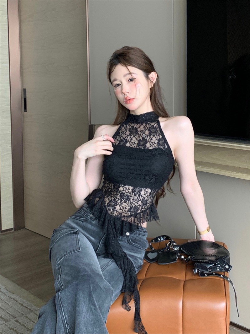Real shot~Summer pure lust lace halterneck vest for women with ruffled ribbons hot girl backless top