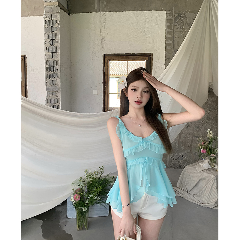 Actual shot of pure desire and cool feeling suspender top with fungus design and chiffon top for women