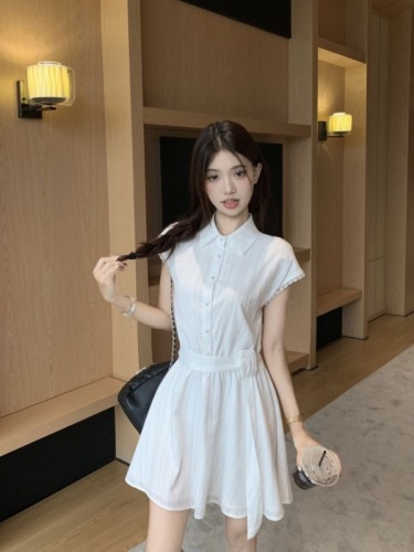 Real shot~ College style design waist slimming strap shirt dress female first love white short skirt summer