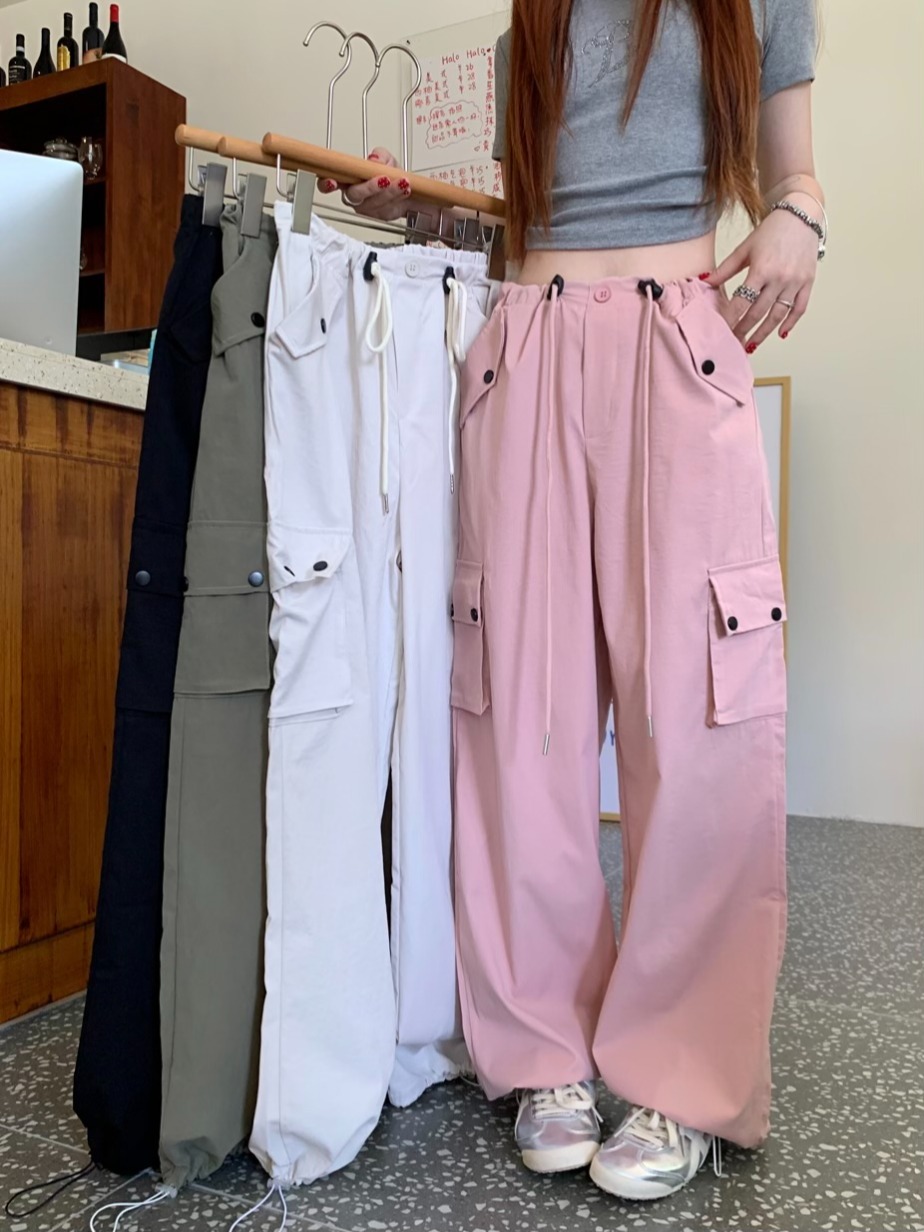 Actual shoot American style spicy girl loose high-waist slimming multi-pocket versatile work wide-leg pants with turn-up legs, two-way wear