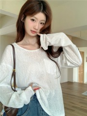 Real shot white thin long-sleeved sun protection blouse T-shirt for women, lazy style, loose, slim, casual, versatile and gentle