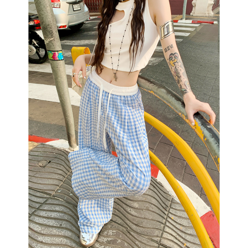 Sweet Girl | Contrast Color Plaid Walking Pants Elastic Waist Straight Leg Wide Leg Casual Pants