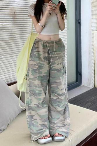 Actual shot ~ Elastic elastic waist, casual and personalized American camouflage drawstring trousers, loose leg-tie wide-leg trousers