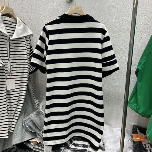 Tmall quality polo collar striped short-sleeved knitted dress summer new design niche mid-length style