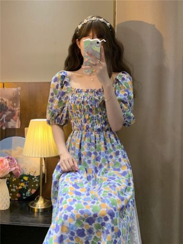 Real shot square neck puff sleeve floral skirt sweet summer new French waist niche design dress