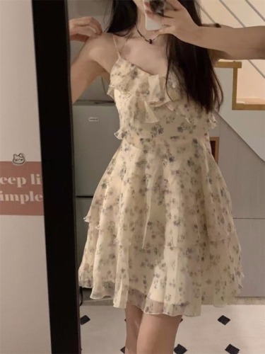 Gentle style floral suspender dress summer new temperament slim design niche women's skirt