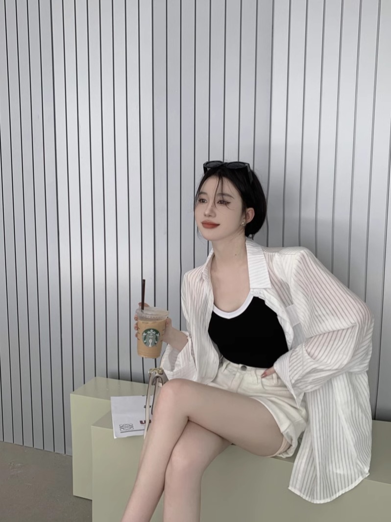 Photographed Color-blocking Strapless Backless Top Stylish Collar Loose Shoulder Padded Thin Striped Sun Protection Shirt for Women