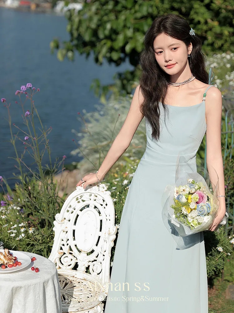 鹿盯盯微胖大碼女裝法式氣質吊帶裙夏季新款輕奢高級感中長款裙子