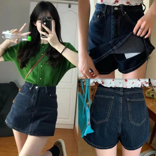 Lady's Summer Plus Size Wide Leg Denim Skirt with Design Fake Two-Piece Pants A-Line Short Skirt
