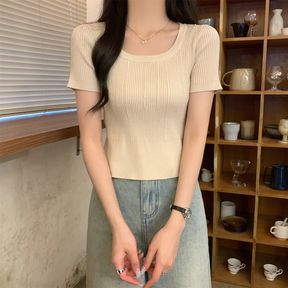 實拍 夏季韓版修身方領氣質百搭短款高級感針織短袖上衣女