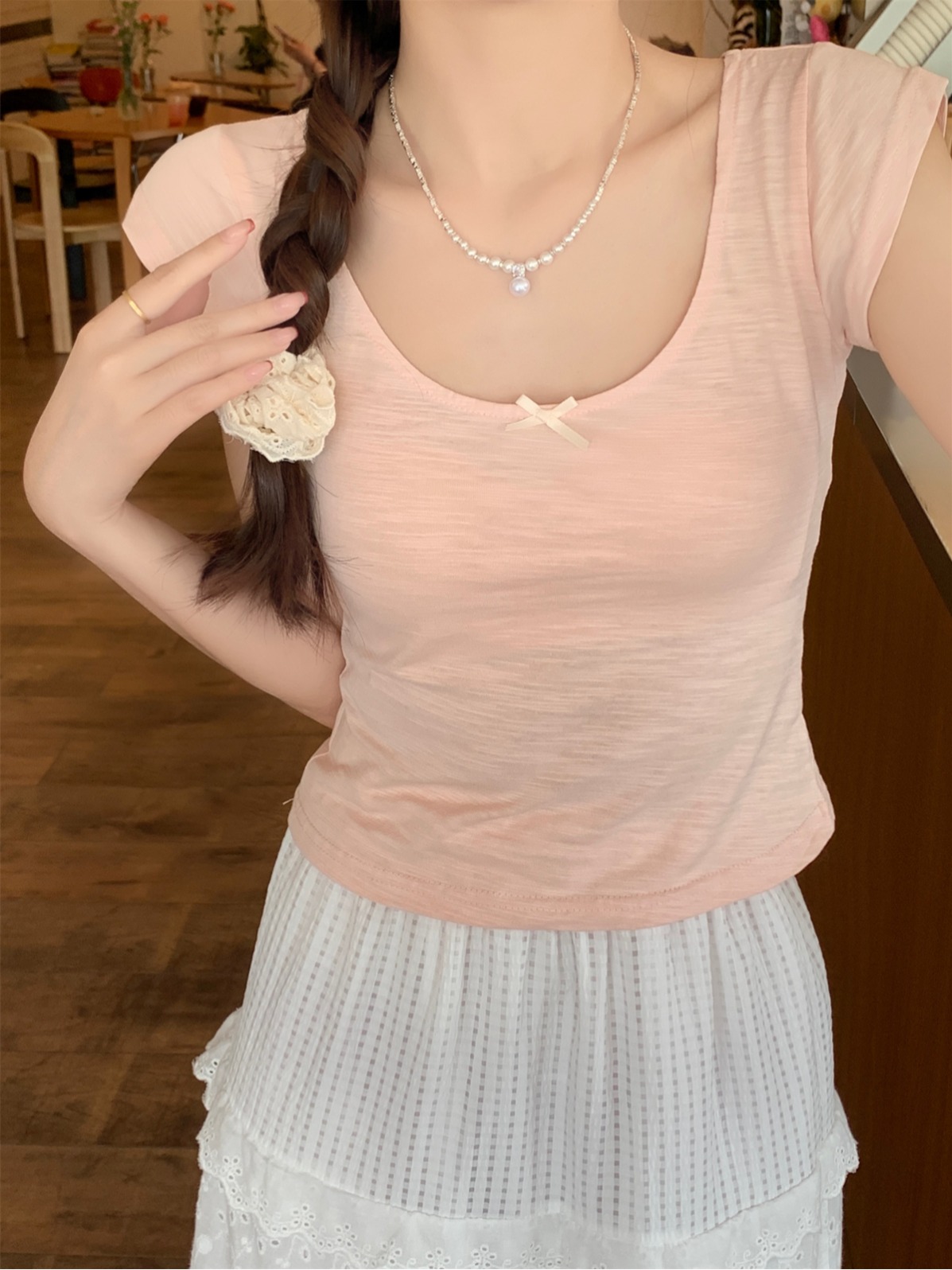 實拍 夏季韓版修身正肩顯瘦純欲U領竹節棉短袖T恤上衣女