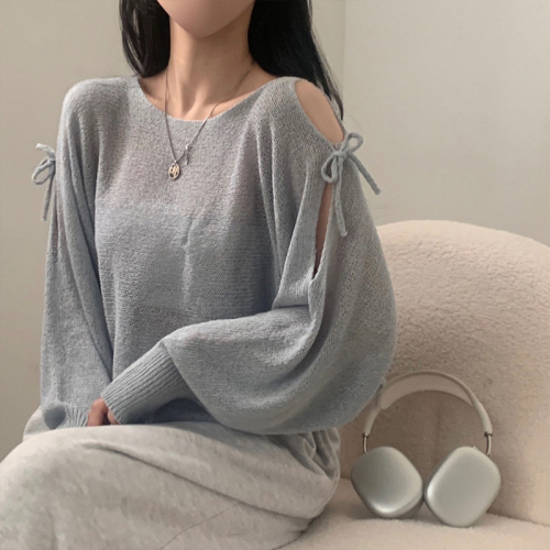 Large size real shot Korean style ribbon shoulder slit see-through loose brochure long-sleeved knitted top dropped shoulder sleeve sweater