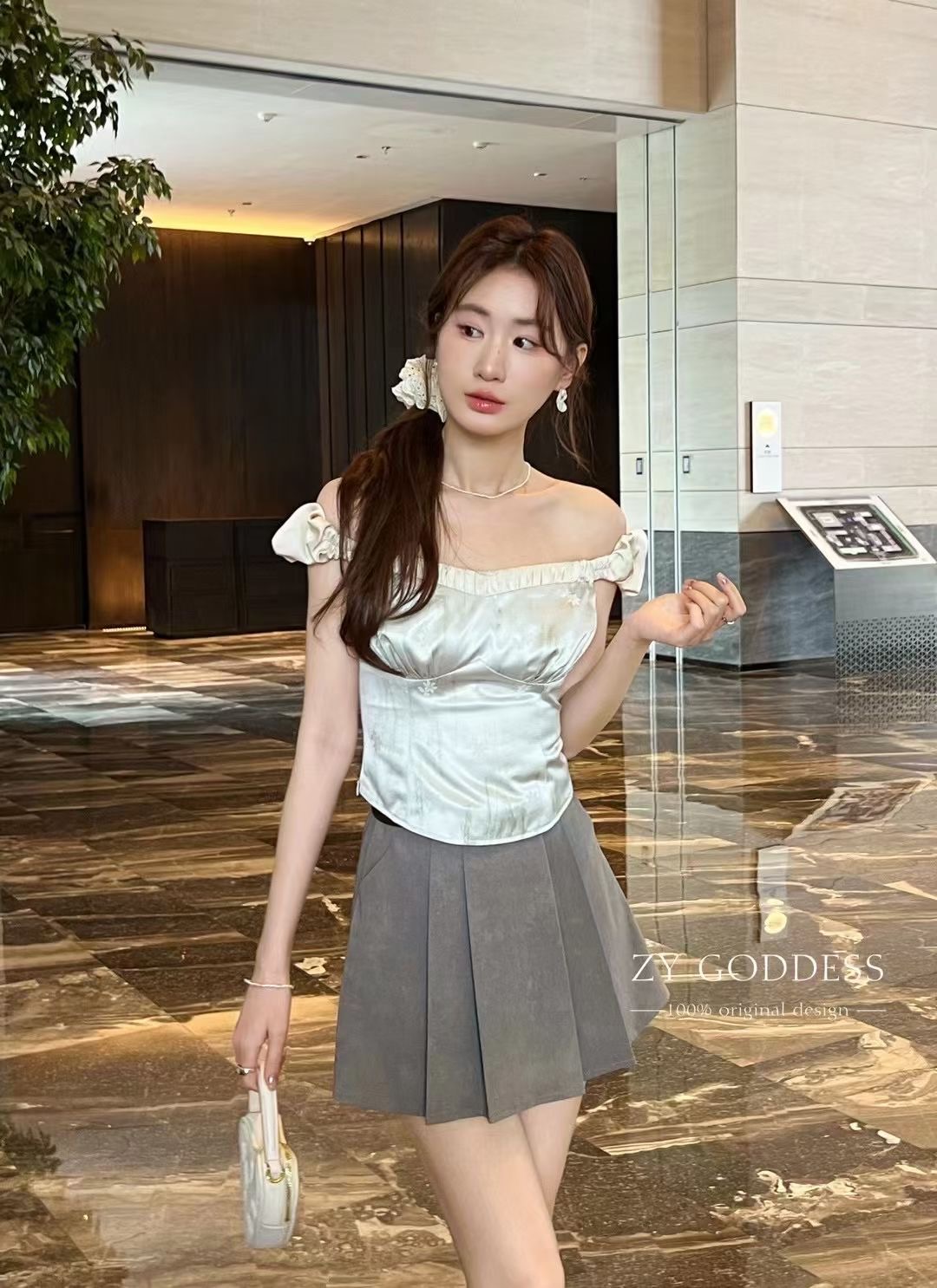 Zy GODDESS純欲復古印花一字肩吊帶兩穿顯瘦小衫小眾氣質上衣女