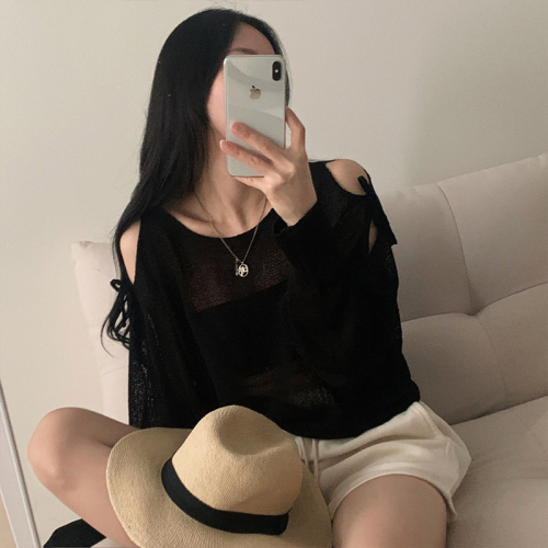 Large size real shot Korean style ribbon shoulder slit see-through loose brochure long-sleeved knitted top dropped shoulder sleeve sweater