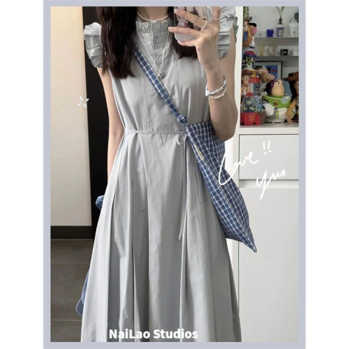 Summer French tea break first love gentle style long dress high-end blue sleeveless fungus design dress for women