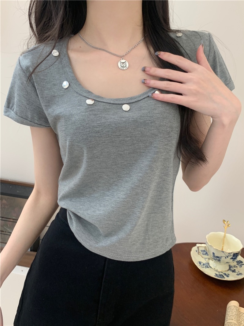 實拍 真  夏季新款裝飾扣短袖T恤女修身顯瘦短款上衣