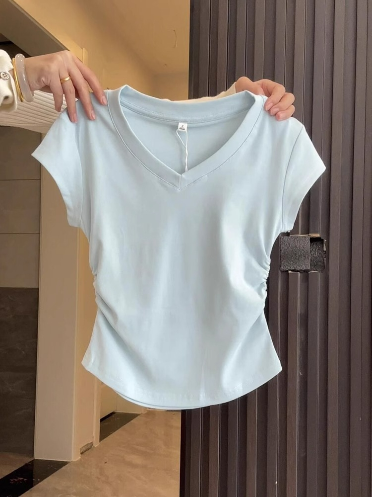 Blue Overshoulder Short-Sleeve T-Shirt for Women - Summer 2024 New Slim Fit Body-Concealing V-Neck Half-Sleeve Top