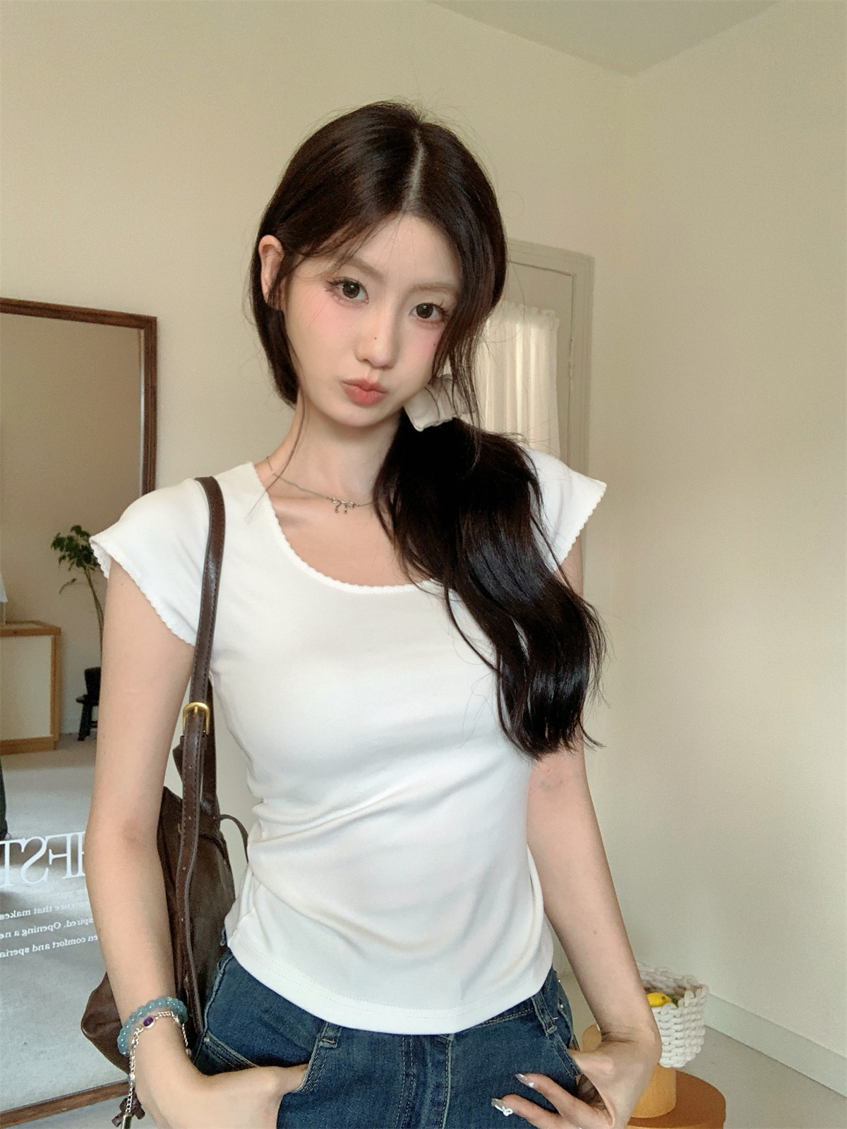實拍 夏季韓版BM花邊U領設計感簡約正肩百搭純棉短袖上衣
