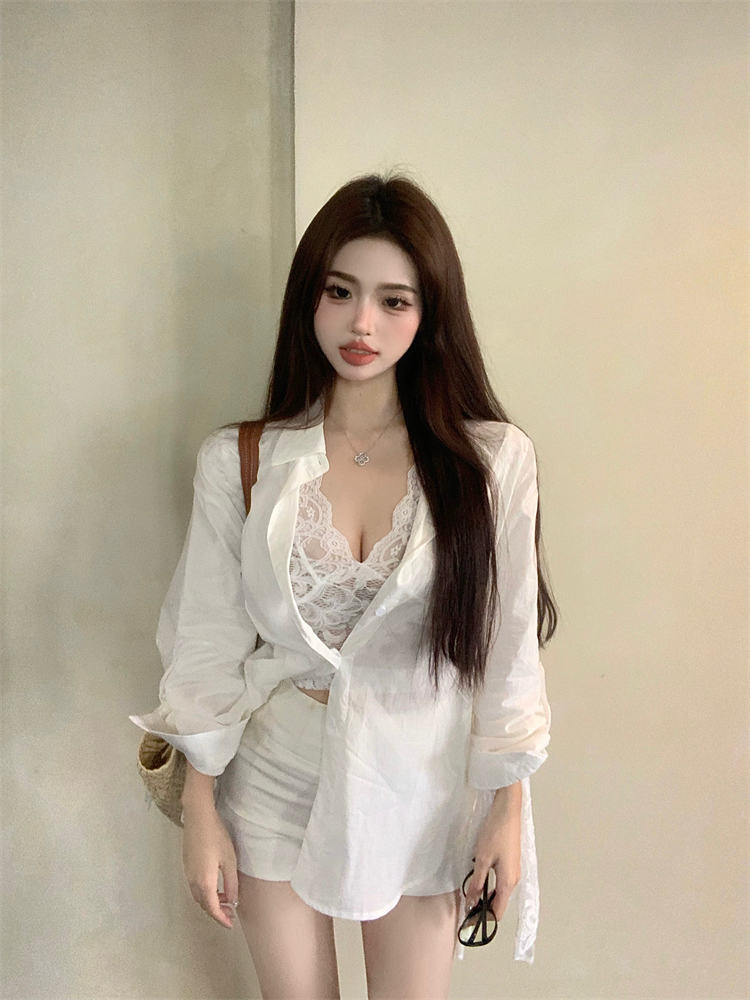 Photographed Pure Desire Style Lazy Sunscreen Shirt Jacket Slim Fit Inner Lace White Two-Piece Set for Women