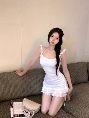 Real shot ~ 2024 new sweet girly style white suspender dress female drawstring slimming hot girl short skirt