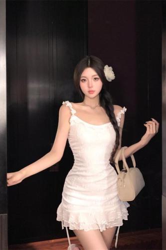 Real shot ~ 2024 new sweet girly style white suspender dress female drawstring slimming hot girl short skirt