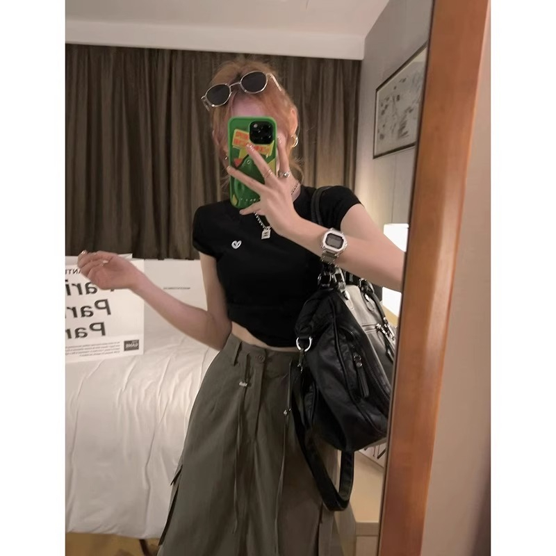 Korean foreign trade order 92 cotton/8 spandex 40 denier 210g pure cotton embroidered slimming heart short sleeve women's T-shirt