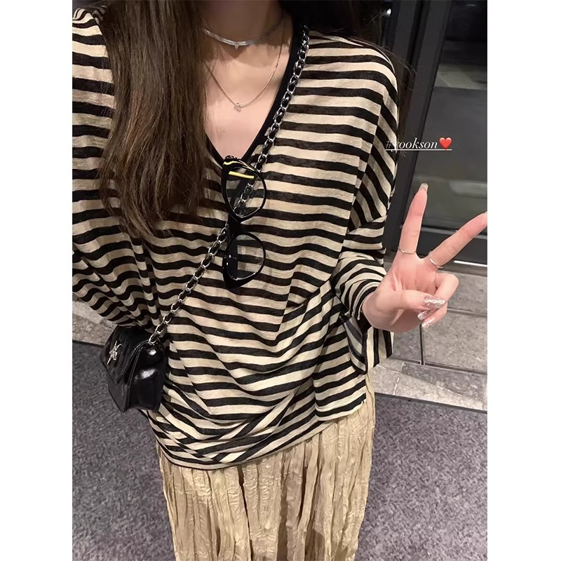 天絲面料 復古條紋長袖T恤女夏季寬鬆休閒慵懶韓版百搭防曬上衣