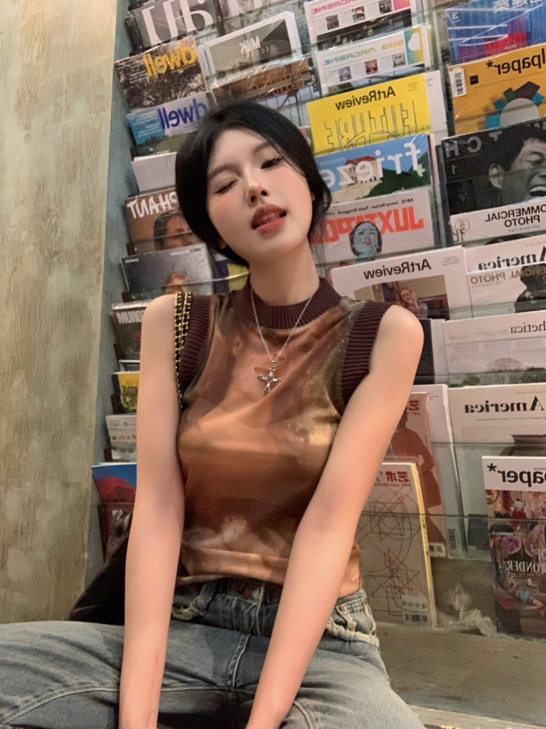 實拍 辣妹修身無袖背心女夏季外穿2024新款復古小眾印花上衣
