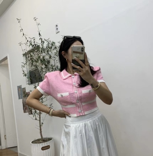 Korea patchwork color button lapel sweater top