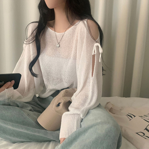 Large size real shot Korean style ribbon shoulder slit see-through loose brochure long-sleeved knitted top dropped shoulder sleeve sweater