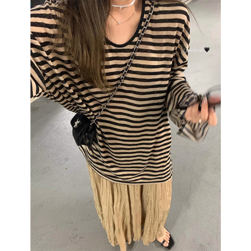 Silk fabric vintage striped long-sleeved women's summer loose casual lazy Korean style versatile sun protection top
