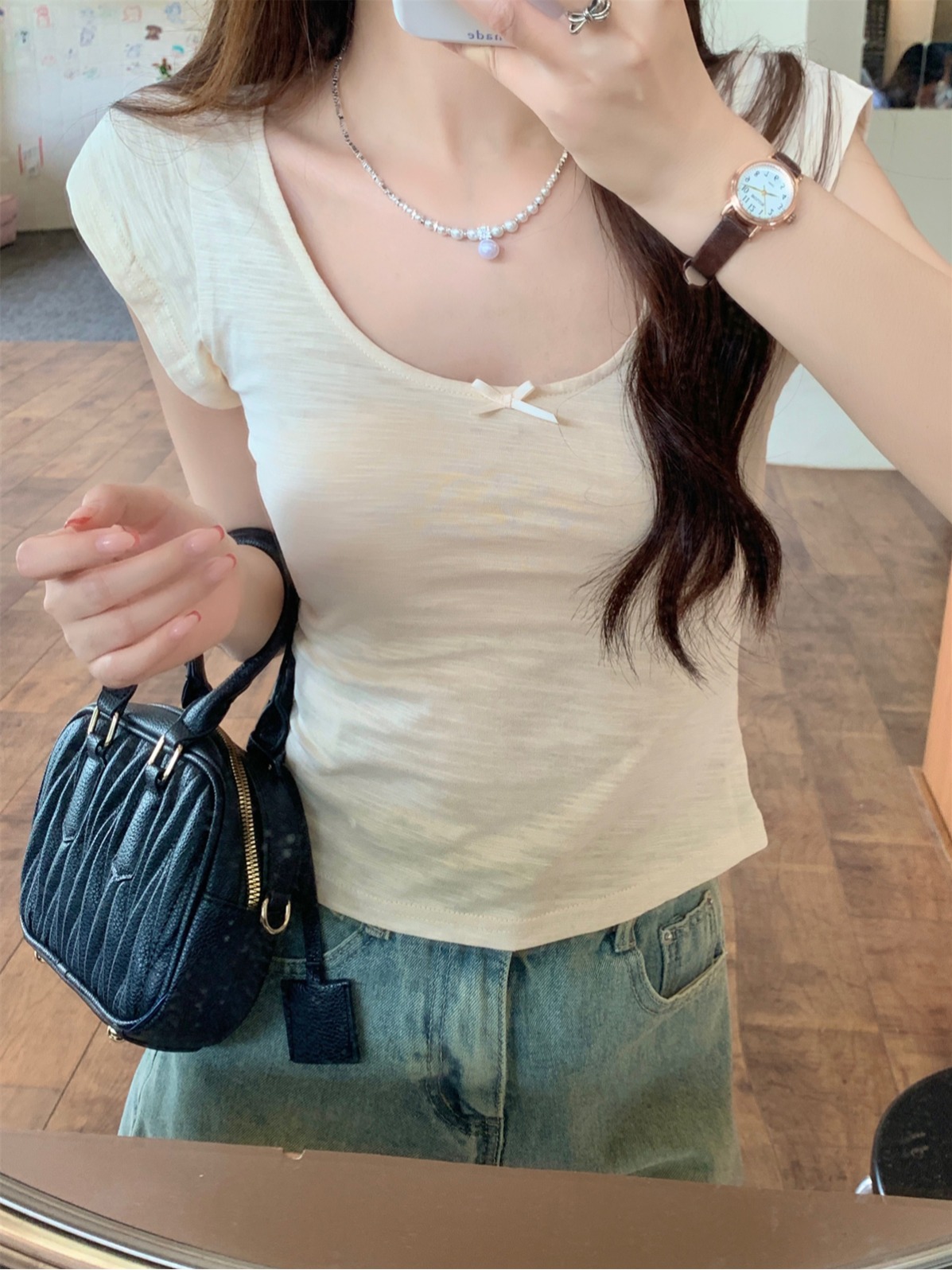 實拍 夏季韓版修身純欲U領竹節棉簡約短袖T恤上衣女