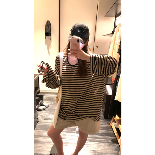 Silk fabric vintage striped long-sleeved women's summer loose casual lazy Korean style versatile sun protection top