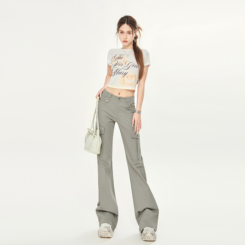 Photographed 2024 Spring New American Work Pants for Women Slim Bell Bottom Wide Leg Pants