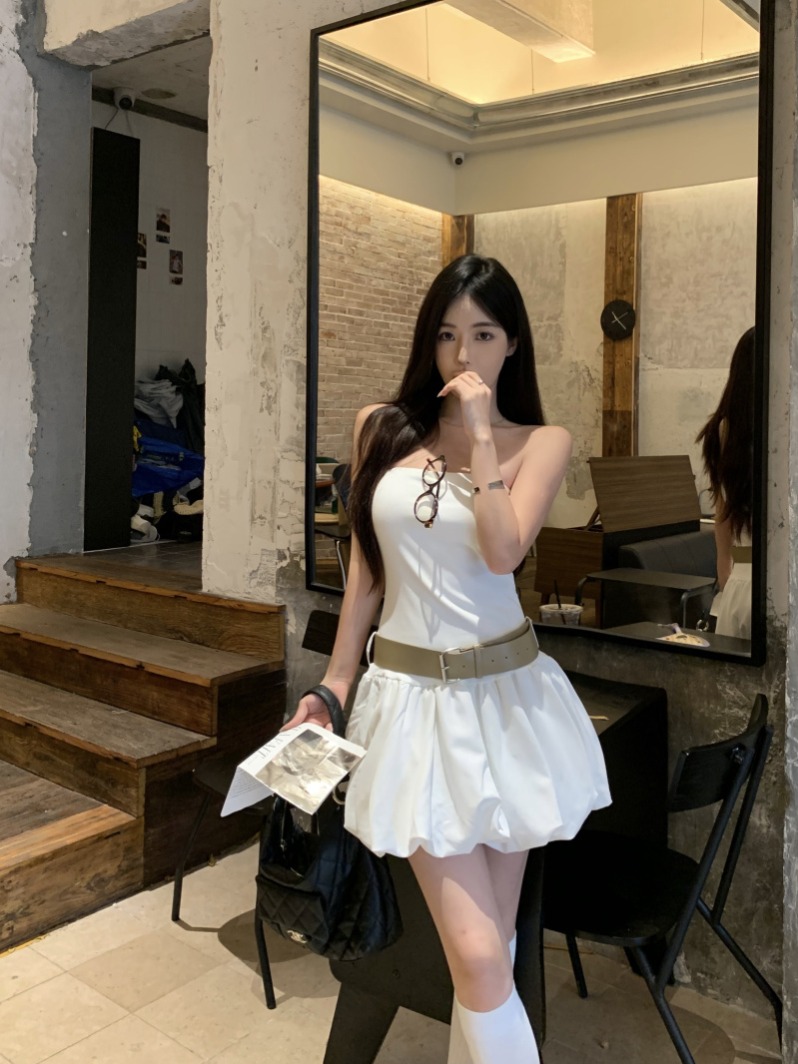 實拍~亞裔風抹胸連衣裙女2024夏新款蓬蓬花苞裙