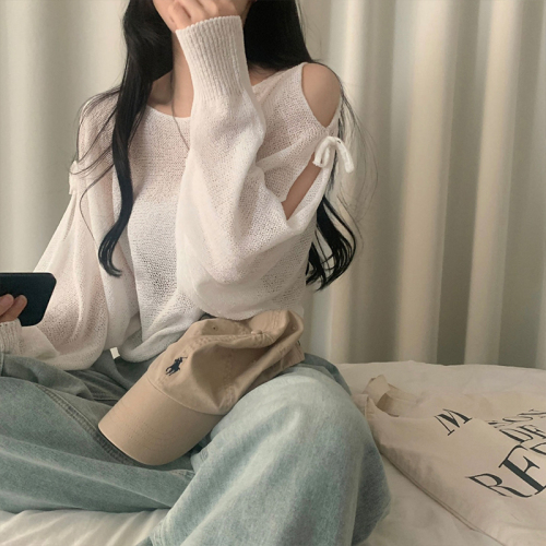 Large size real shot Korean style ribbon shoulder slit see-through loose brochure long-sleeved knitted top dropped shoulder sleeve sweater