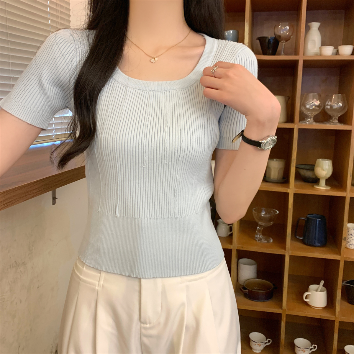 實拍 夏季韓版修身方領純色百搭短款高級感針織短袖上衣女