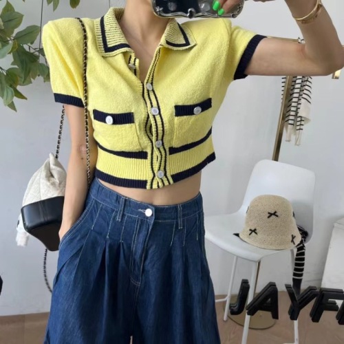 Korea patchwork color button lapel sweater top