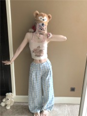 實拍韓系少女卡通背心+時尚格子高腰休閒褲